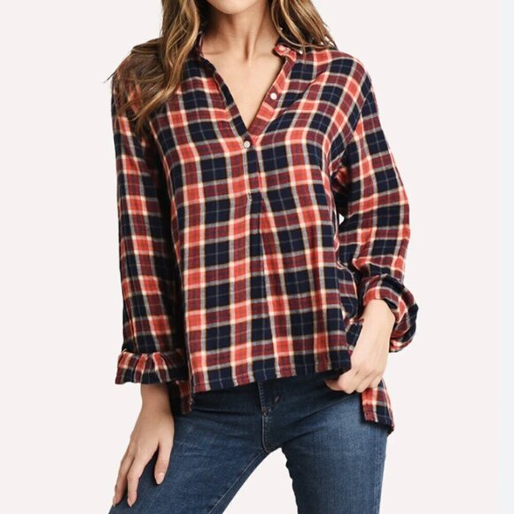 Trovata Birds Of Paradis | Logan Henley Plaid Popover Top Button Blouse Size L - Picture 2 of 10